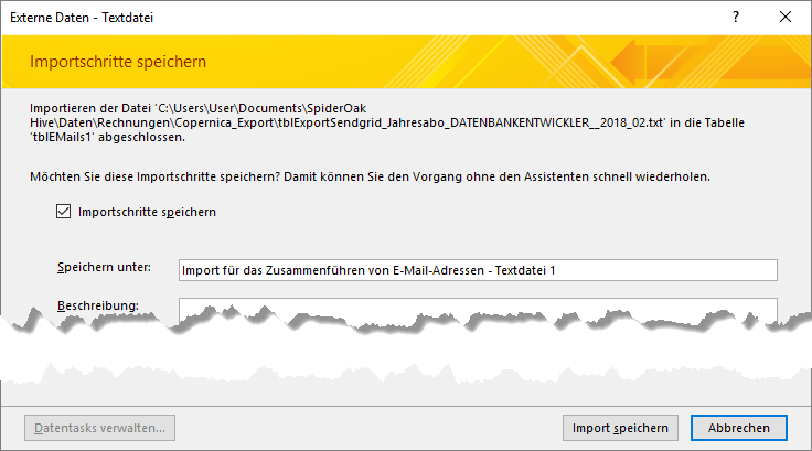 Speichern der Importschritte