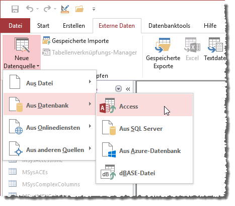 Aufruf des Importassistenten für Daten aus einer Access-Datenbank