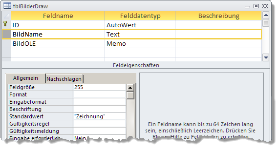 Die Tabelle tblBilderDraw speichert nur die gemalten Grafiken und ihre Namen nebst ID.