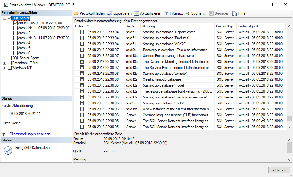 Ein SQL Server-Protokoll mit den aktuellsten Informationen