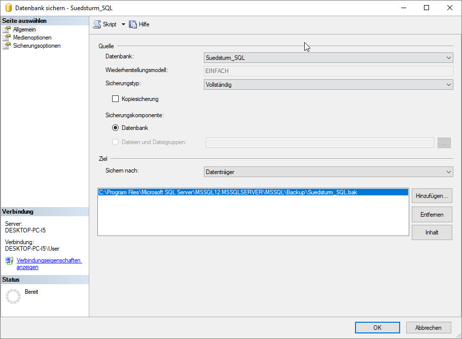 Dialogs zum Sichern einer Datenbank