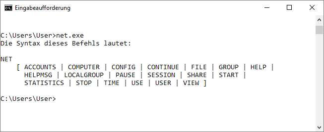 Optionen des Befehls net.exe zur Benutzerverwaltung