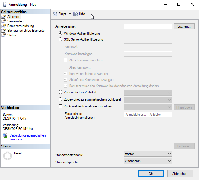 Dialog zum Anlegen einer neuen Anmeldung