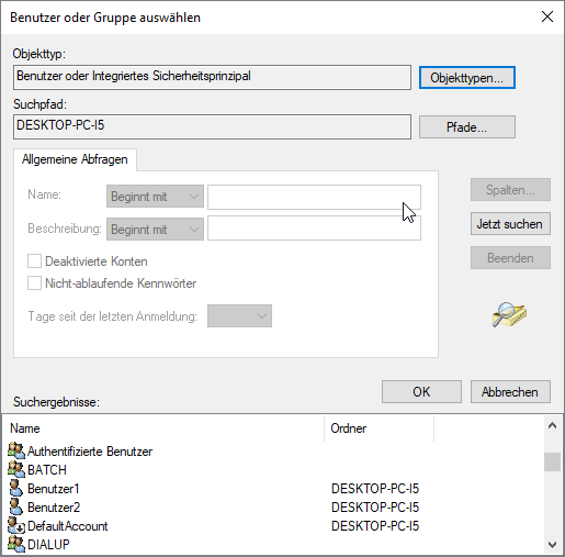 Erweiterter Dialog zum Auswählen von Benutzern oder Gruppen