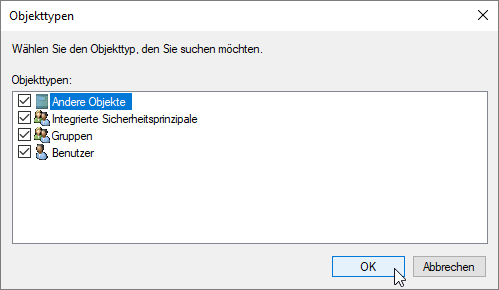 Dialog zur Auswahl der anzuzeigenden Objekttypen