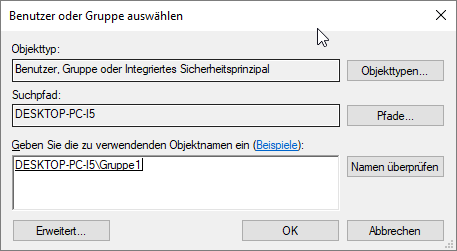 Die gesuchte Gruppe im Dialog Benutzer oder Gruppe auswählen