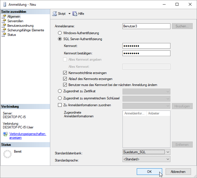 Anlegen eines neuen Benutzers unter der SQL Server-Authentifizierung