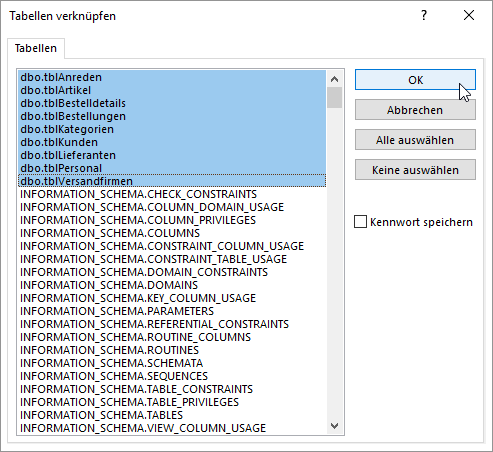 Auswahl der zu verknüpfenden Tabellen