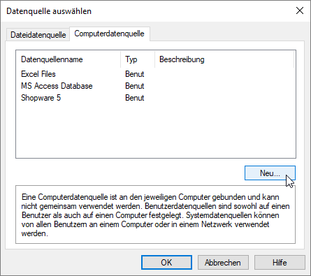 Anlegen einer neuen Computerdatenquelle