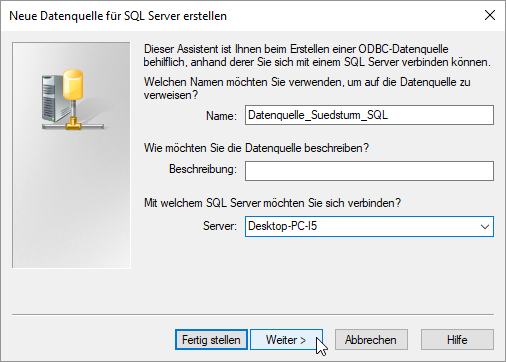 Angeben eines Namens für die Datenquelle und des Servers