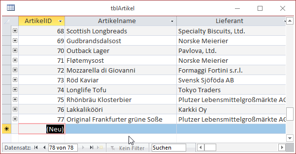 Datensätze werden unter Access unten angefügt.