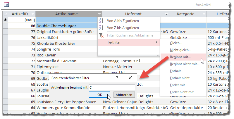 Setzen eines benutzerdefinierten Filters