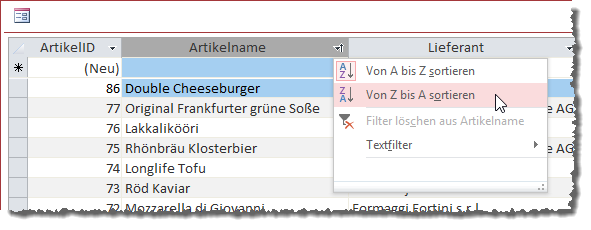 Aufrufen einer Sortierung