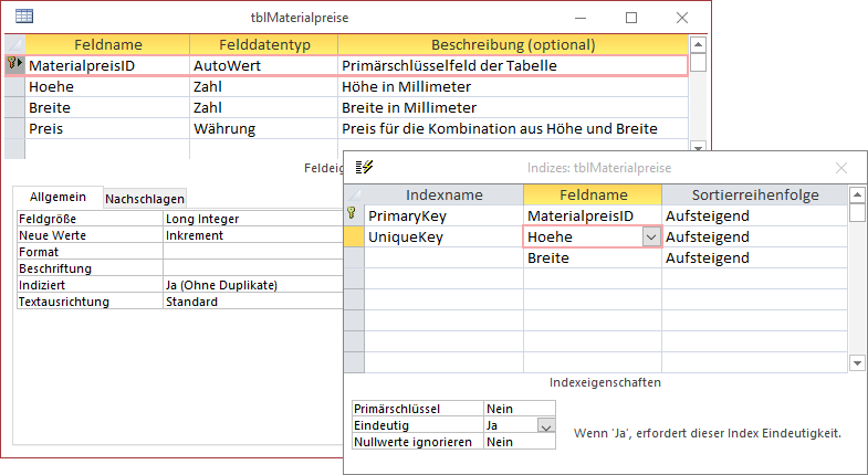 Entwurf der Tabelle tblMaterialpreise