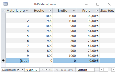 Beispieldaten in der Tabelle tblMaterialpreise