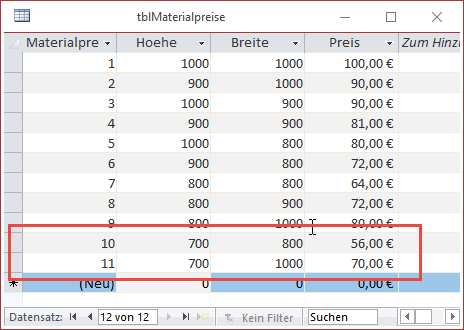 Erweiterte Beispieldaten in der Tabelle tblMaterialpreise