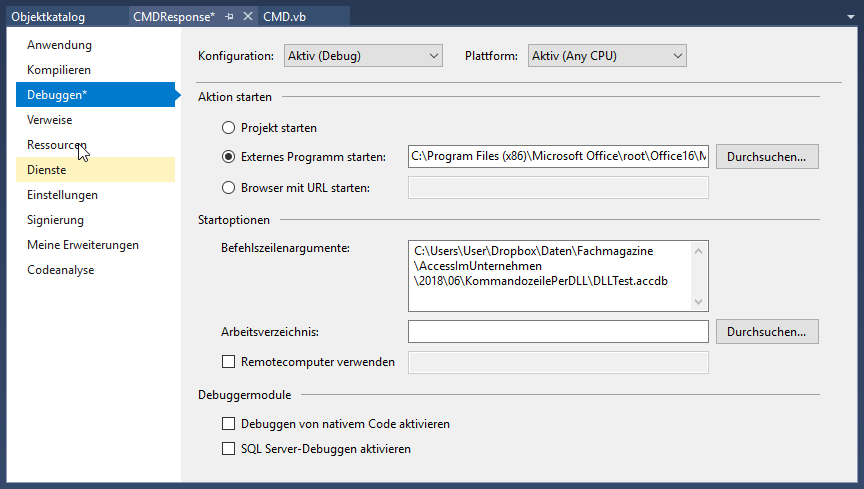 Pfad zur MSAccess.exe festlegen, die beim Debuggen gestartet werden soll