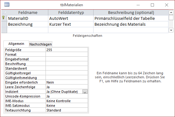 Die Tabelle tblMaterialien