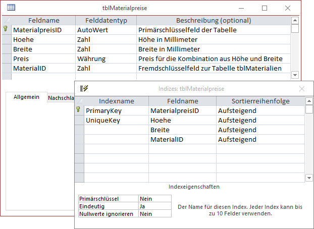 Die angepasste Tabelle tblMaterialpreise