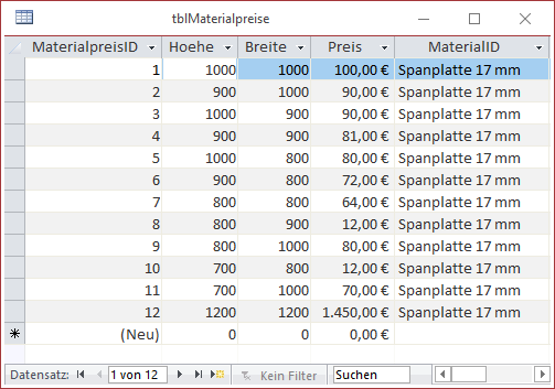 Inhalt der Tabelle tblMaterialpreise