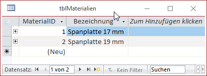 Neuer Datensatz in der Tabelle tblMaterialien