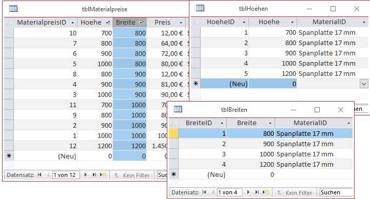 Bisherige Ausstattung der Tabellen tblMaterialpreise, tblHoehen und tblTiefen