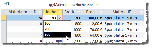 Für diesen Datensatz zeigt das Nachschlagefeld die richtigen Werte an ...