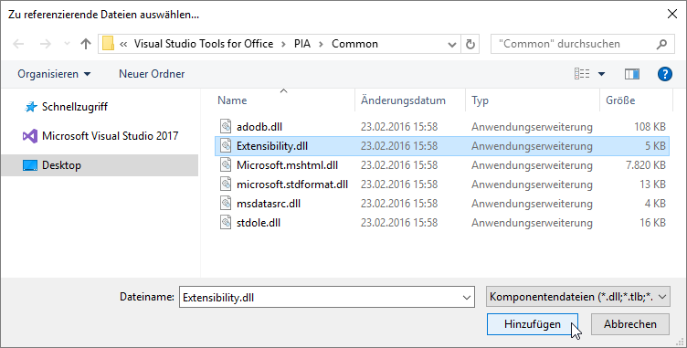 Auswahl der Datei Extensibility.dll