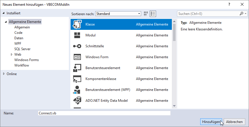 Hinzufügen der Klassendatei VBECOMAddIn