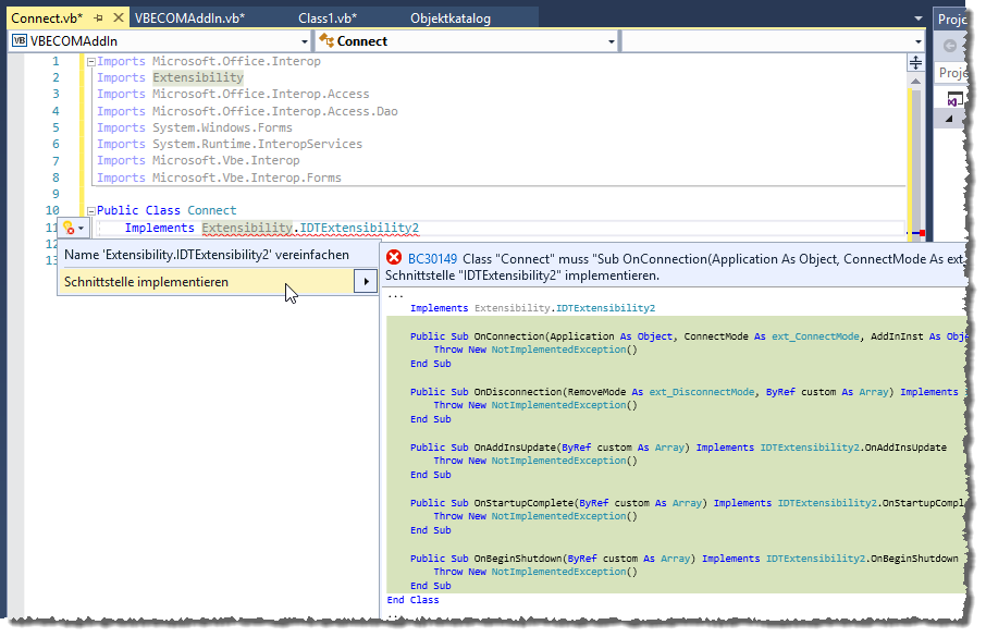 Implementieren per Schnellaktionen und Refactorings