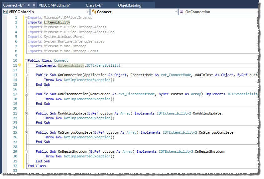 Die Klasse mit allen Membern der Implementierung der Schnittstelle Extensibility.IDTExtensibility2