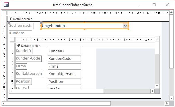 Suchkombinationsfeld und Unterformular