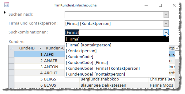 Kombinationsfeld mit Suchkombinationen