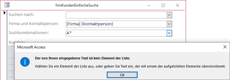 Meldung nach Bestätigung der Eingabe des Suchbegriffs