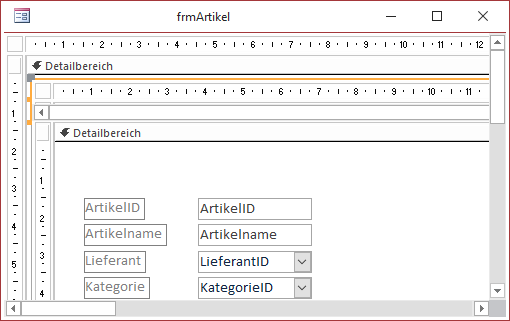 Entwurf der beiden übereinander angeordneten Unterformulare in der Datenblattansicht