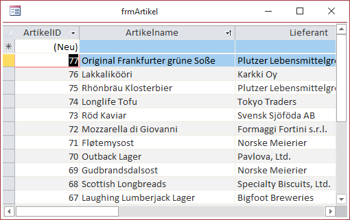 Formularansicht der beiden Unterformulare in der Datenblattansicht