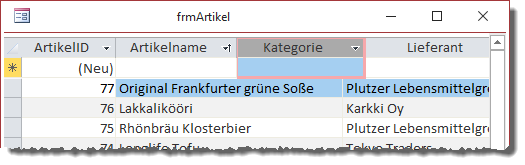 Das Anpassen der Spaltenköpfe wirkt sich nicht auf das untere Formular aus.