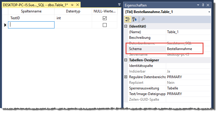Angabe des Schemas im Tabellenentwurf