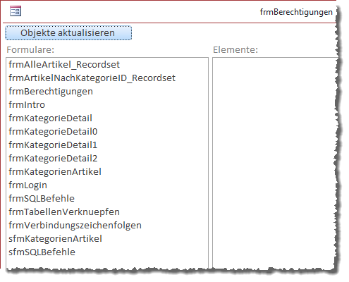 Das Listenfeld lstFormulare mit den Daten der Tabelle tblObjekte