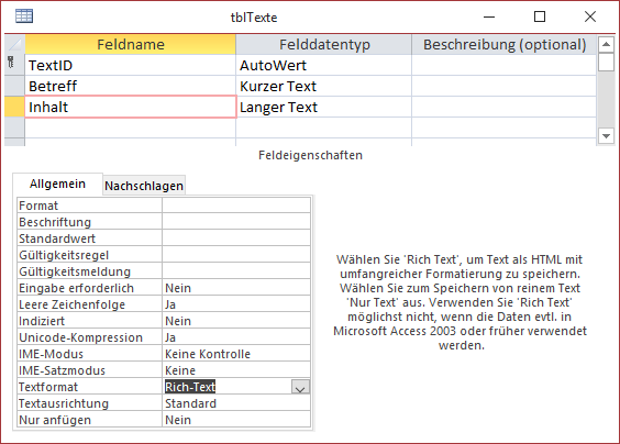 Hinzufügen eines Feldes mit dem Datentyp Langer Text und dem Textformat Rich-Text