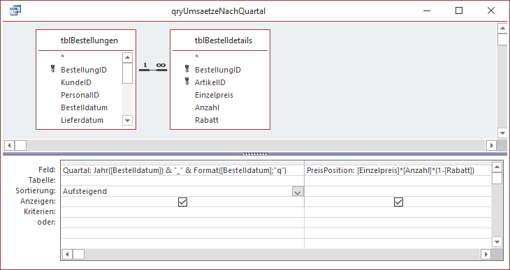 Ändern des Bestelldatums in einen Ausdruck, der das Jahr und das Quartal enthält.