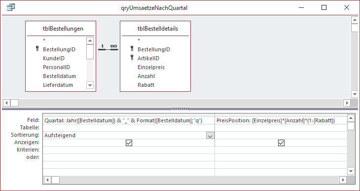 ändern des Bestelldatums in einen Ausdruck, der das Jahr und das Quartal enthält.