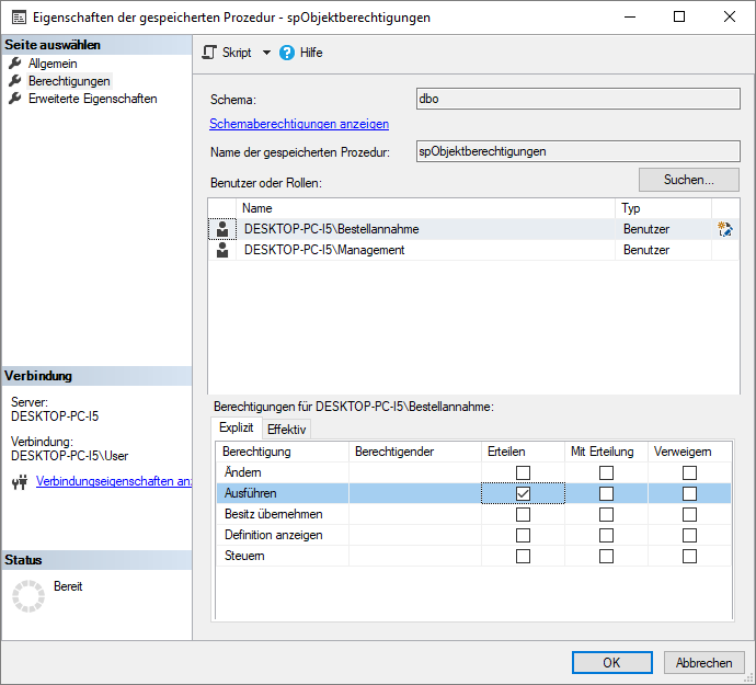 Erteilen der Berechtigungen für die gespeicherte Prozedur