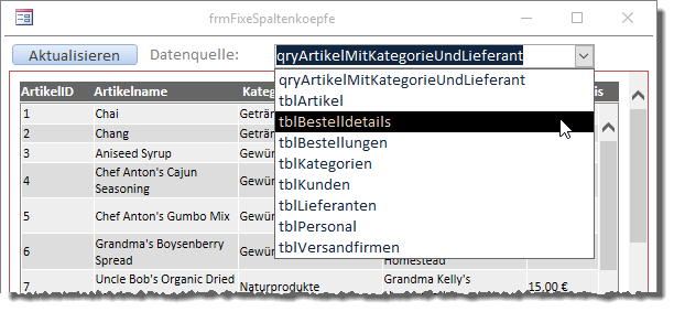 Auswahl der Datenquelle für die HTML-Tabelle