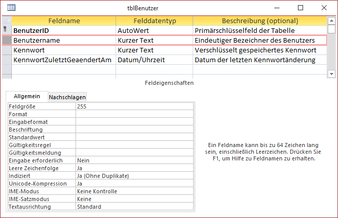 Tabelle zur Verwaltung der Benutzer