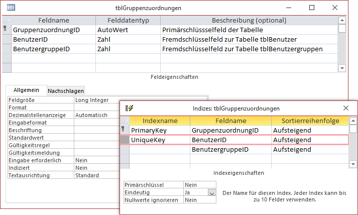 Tabelle zur Zuordnung von Benutzern zu Benutzergruppen