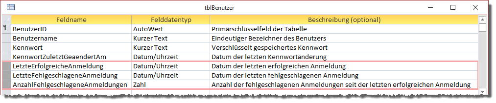 Neue Felder in der Tabelle tblBenutzer