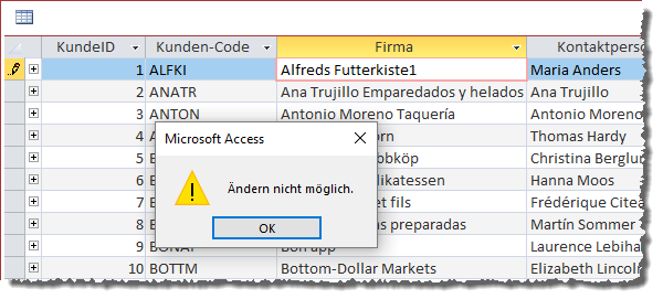 Meldung beim Versuch, einen Datensatz zu ändern