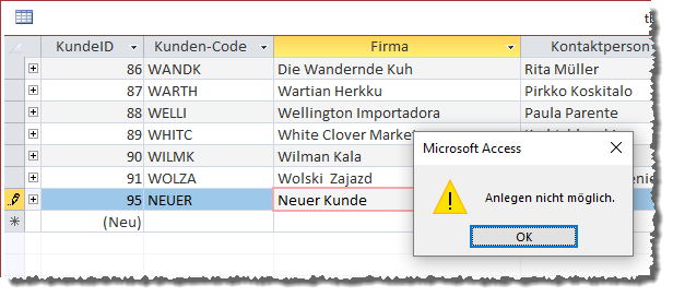 Meldung beim Versuch, einen neuen Datensatz anzulegen