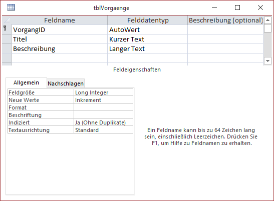 Die Tabelle tblVorgaenge in der Entwurfsansicht